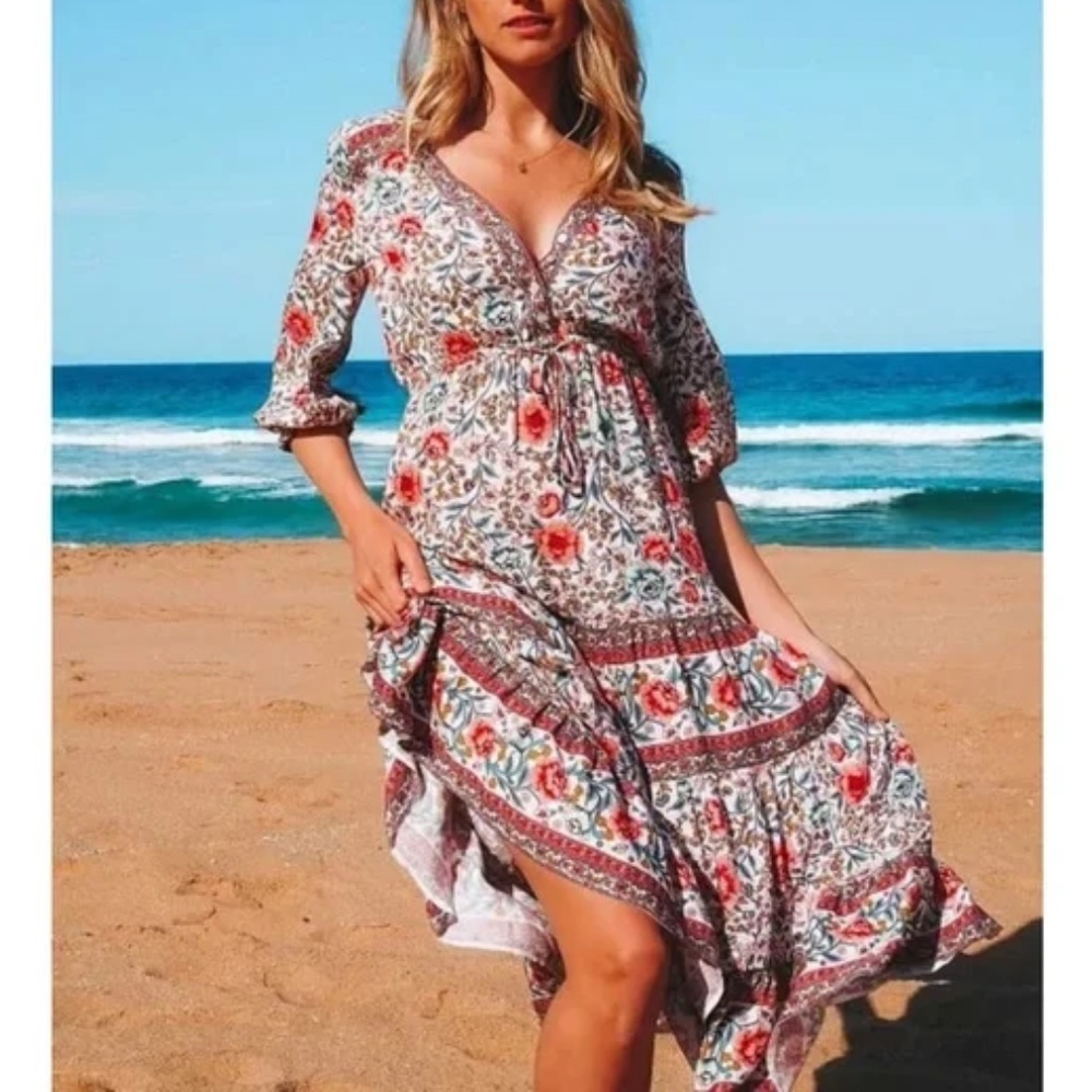 Bohemian floral print ruffle v neck midi Dress Cottage core - Picture 1 of 7